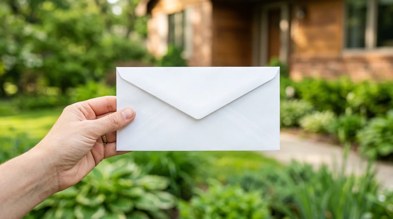 Close-up of a hand holding a sealed white envelope outdoors in soft morning light