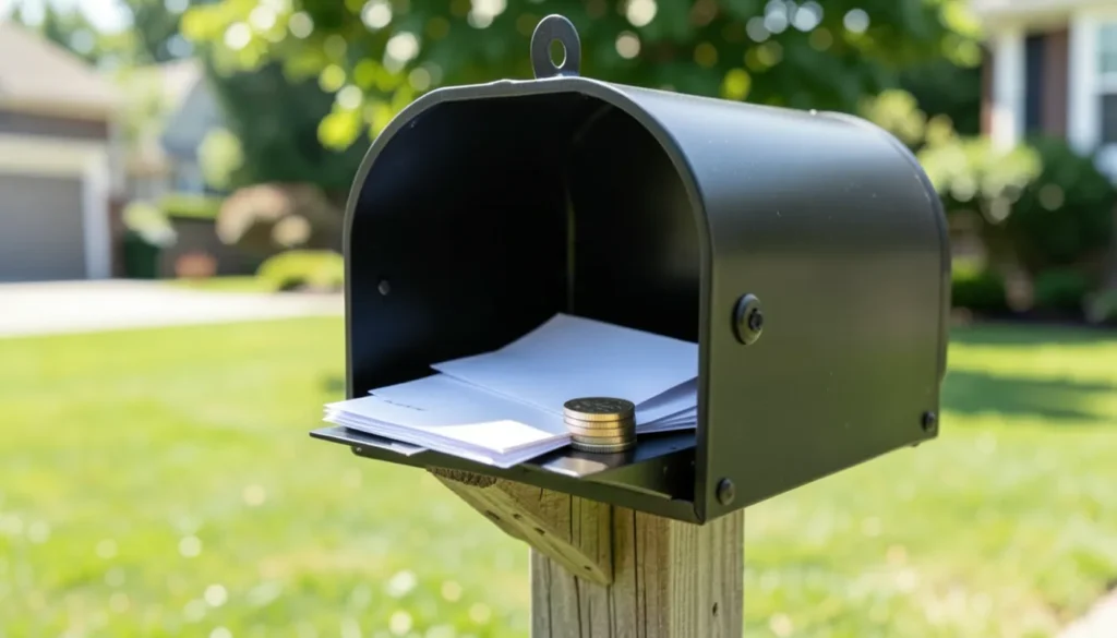 Open mailbox holding a few envelopes and a small stack of coins in a sunny front yard