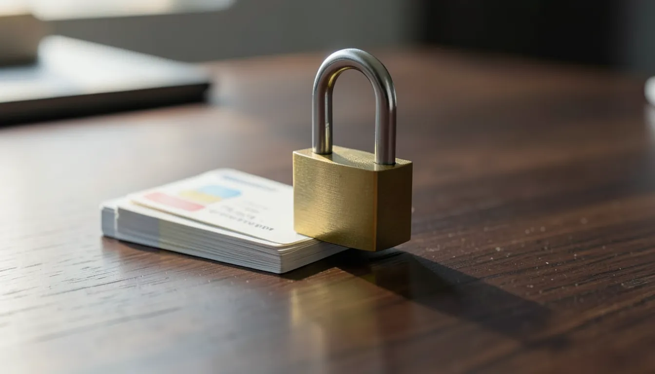 Closed brass padlock resting on a small stack of plastic credit cards on a wooden desk, representing a credit freeze