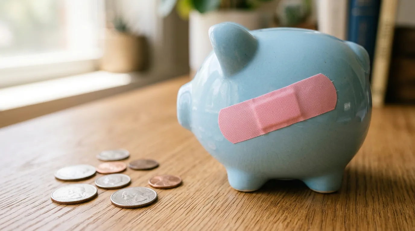 Plain pink adhesive bandage stuck on the side of a light blue ceramic piggy bank next to a few coins