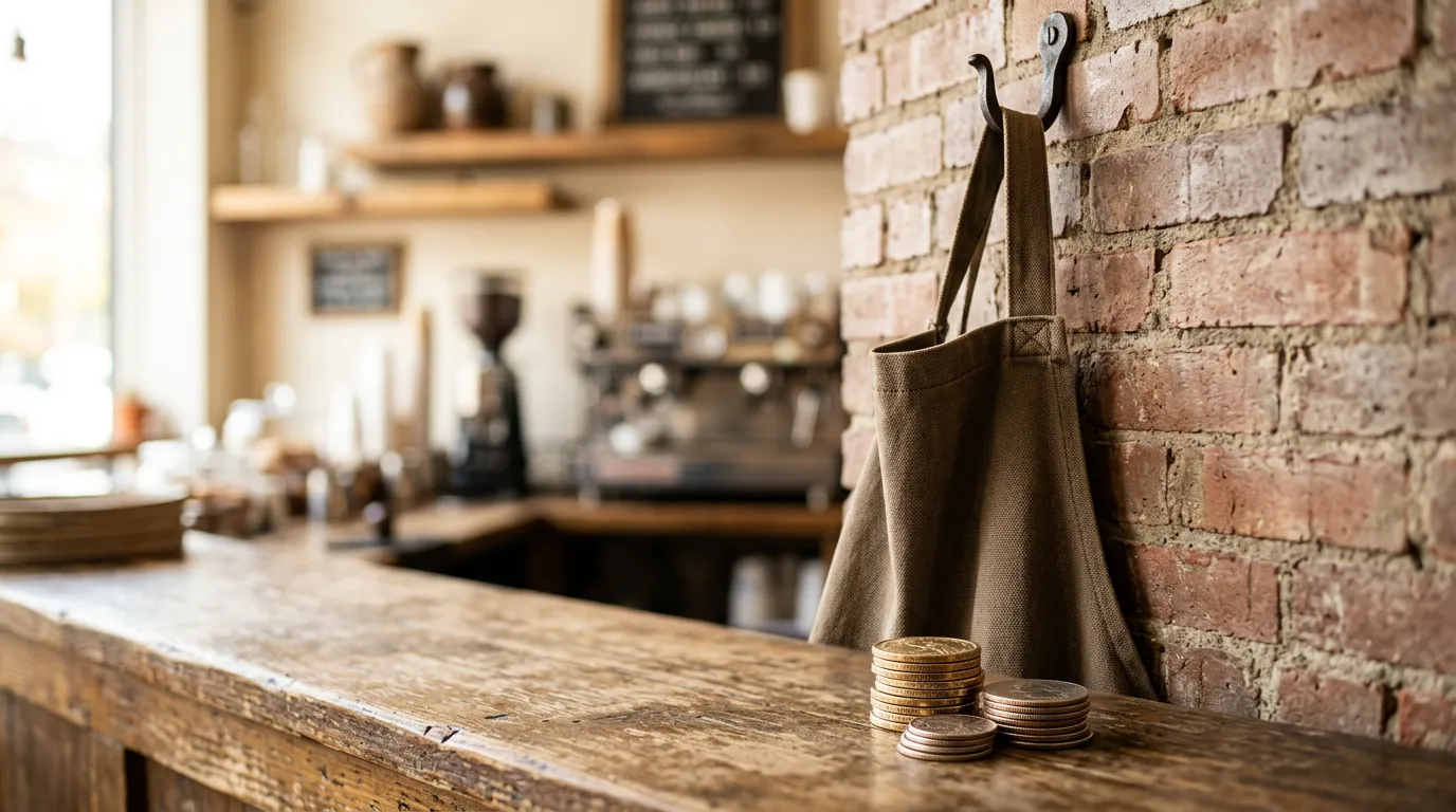 Canvas barista apron hanging on a wall hook next to a small stack of coins on a wooden counter