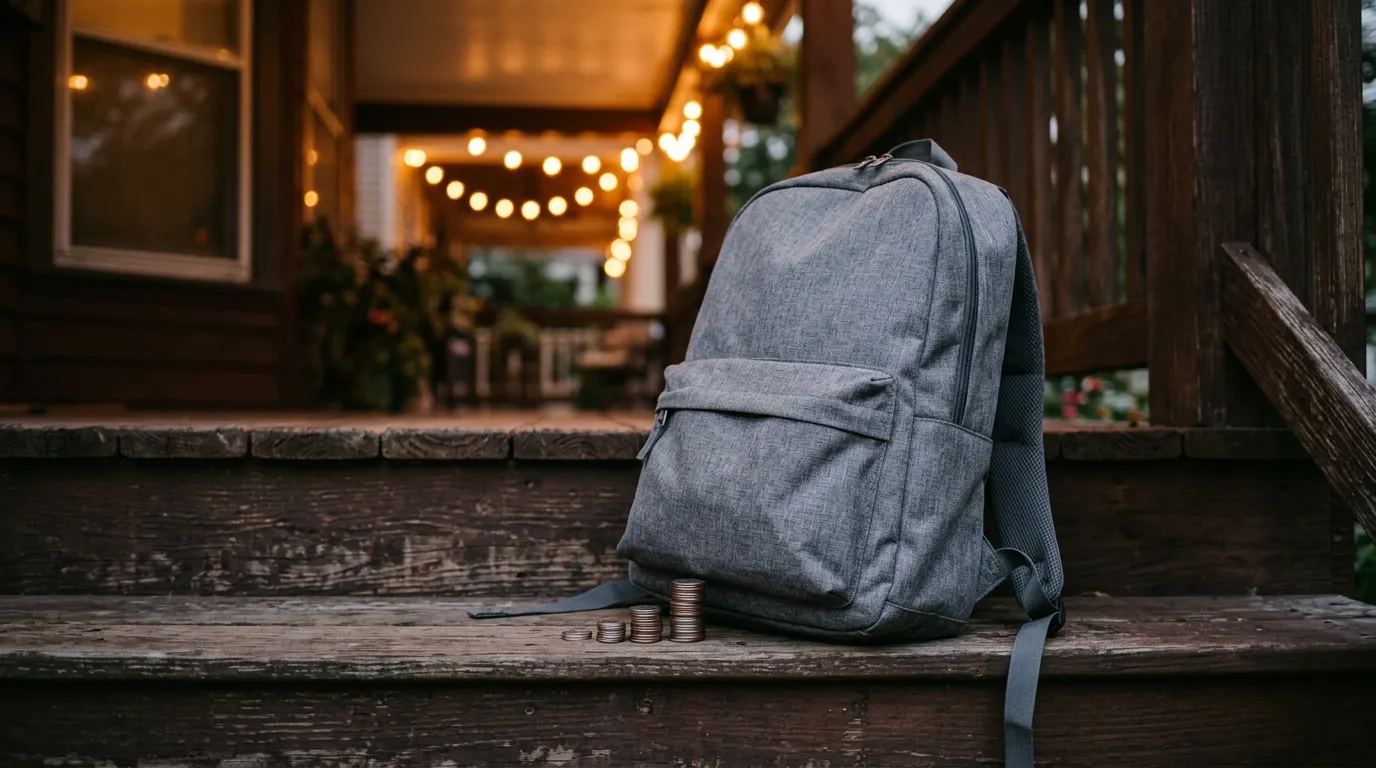 Plain gray delivery courier backpack resting against a small stack of coins on a porch step at dusk