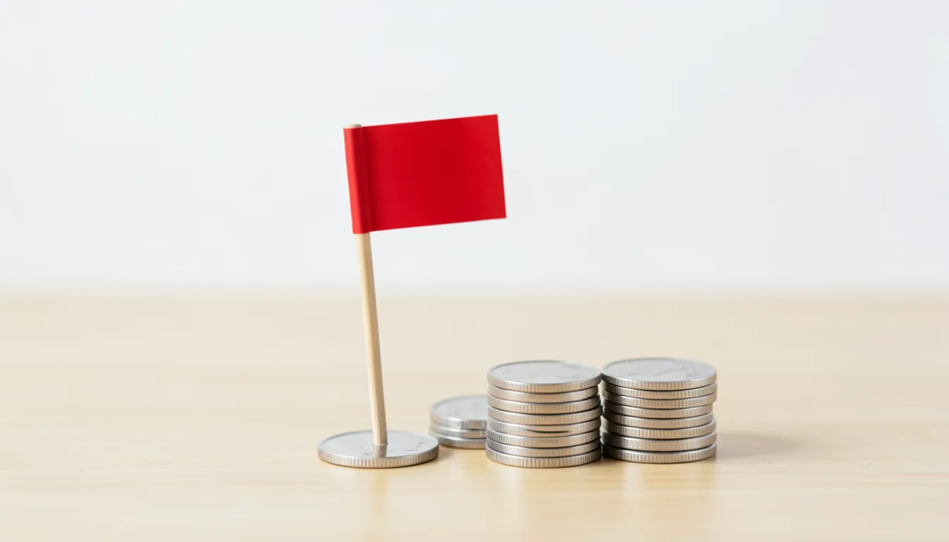 Small red flag standing beside stacks of coins, representing raising a complaint about a financial issue