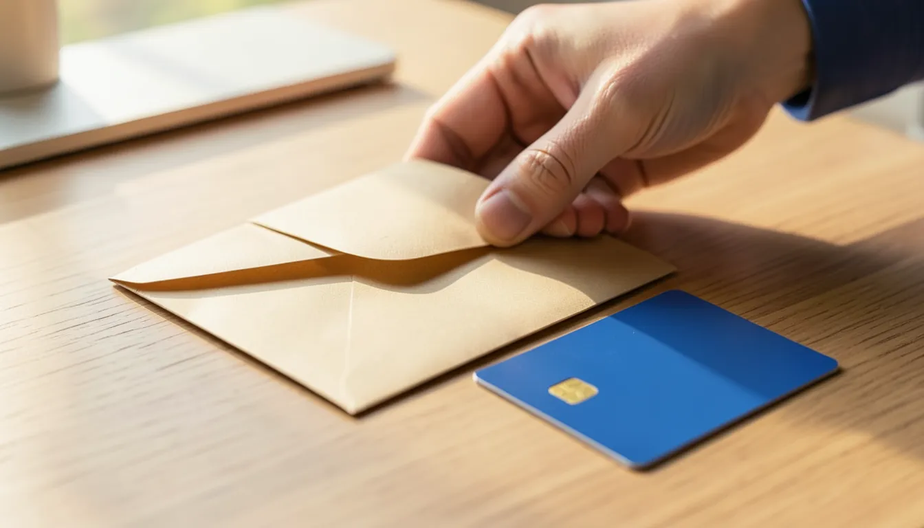 Hand sealing a plain kraft envelope next to a credit card on a wooden desk, representing mailing a credit card dispute letter
