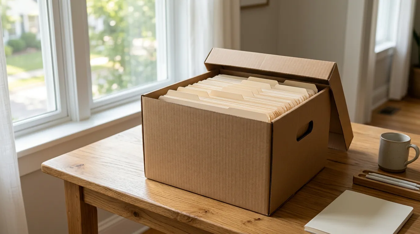 Slightly blurred cardboard box filled with stacks of paper documents and folders on a wooden desk