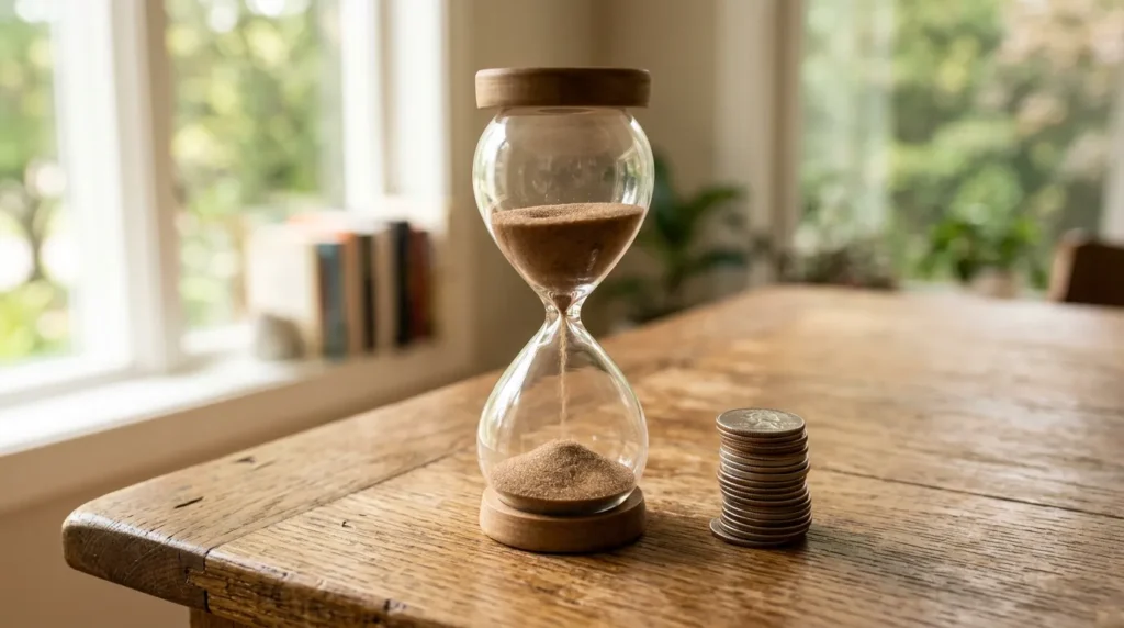 Hourglass with sand flowing next to a stack of coins, representing the October 15 tax extension deadline