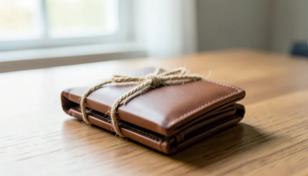 Leather wallet tied tightly with jute rope, representing squeezing the budget with a money app