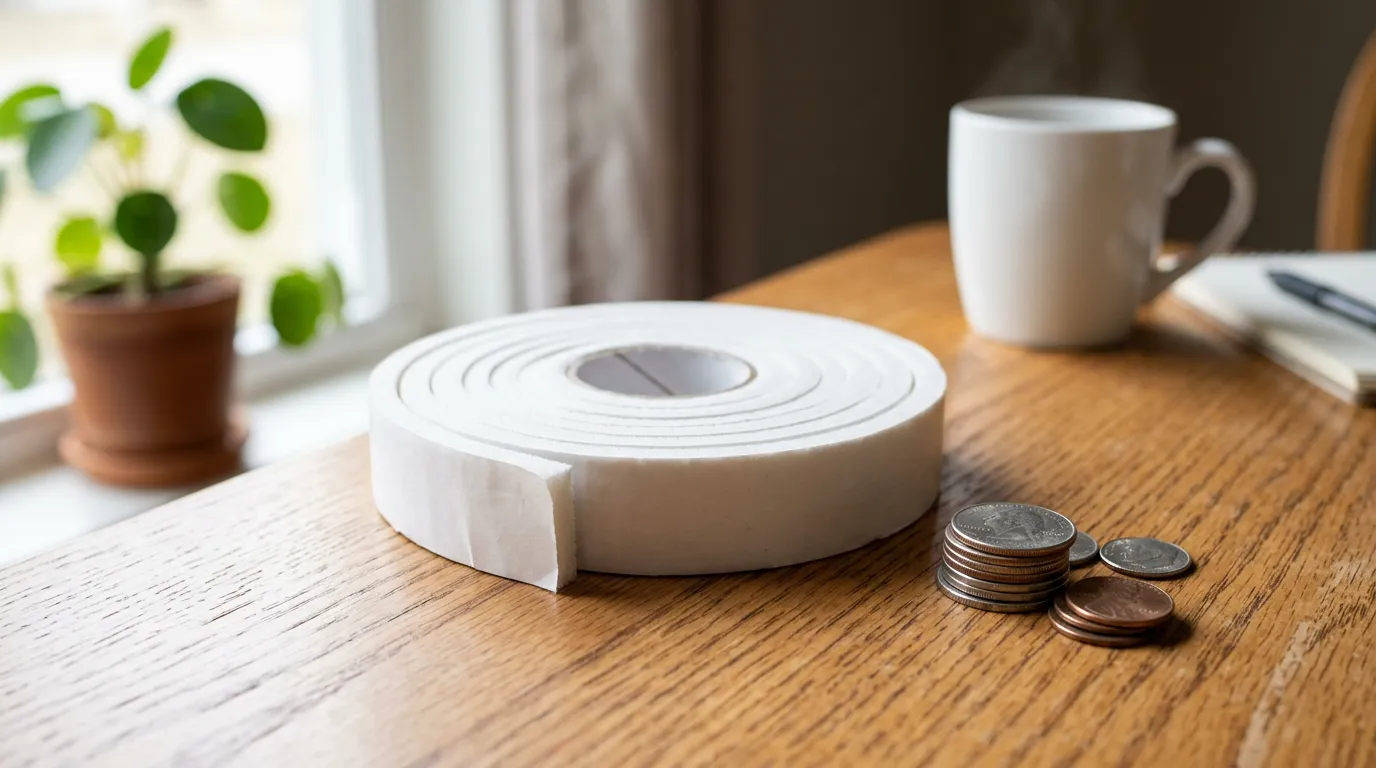 A roll of weatherstripping tape next to a small stack of coins on a wood table