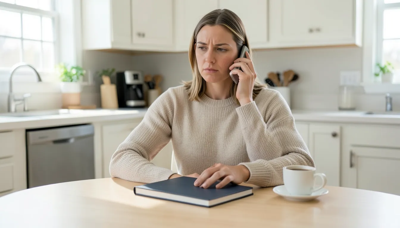 Woman with a focused expression on a phone call at her kitchen table, hand resting on a closed notebook, following up on a credit report dispute