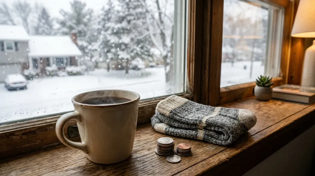 Wool socks and a steaming mug next to a small stack of coins on a snowy window sill