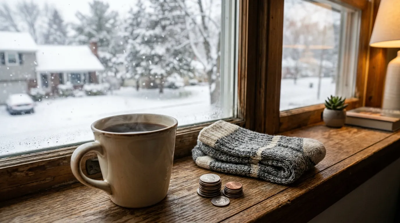 Wool socks and a steaming mug next to a small stack of coins on a snowy window sill